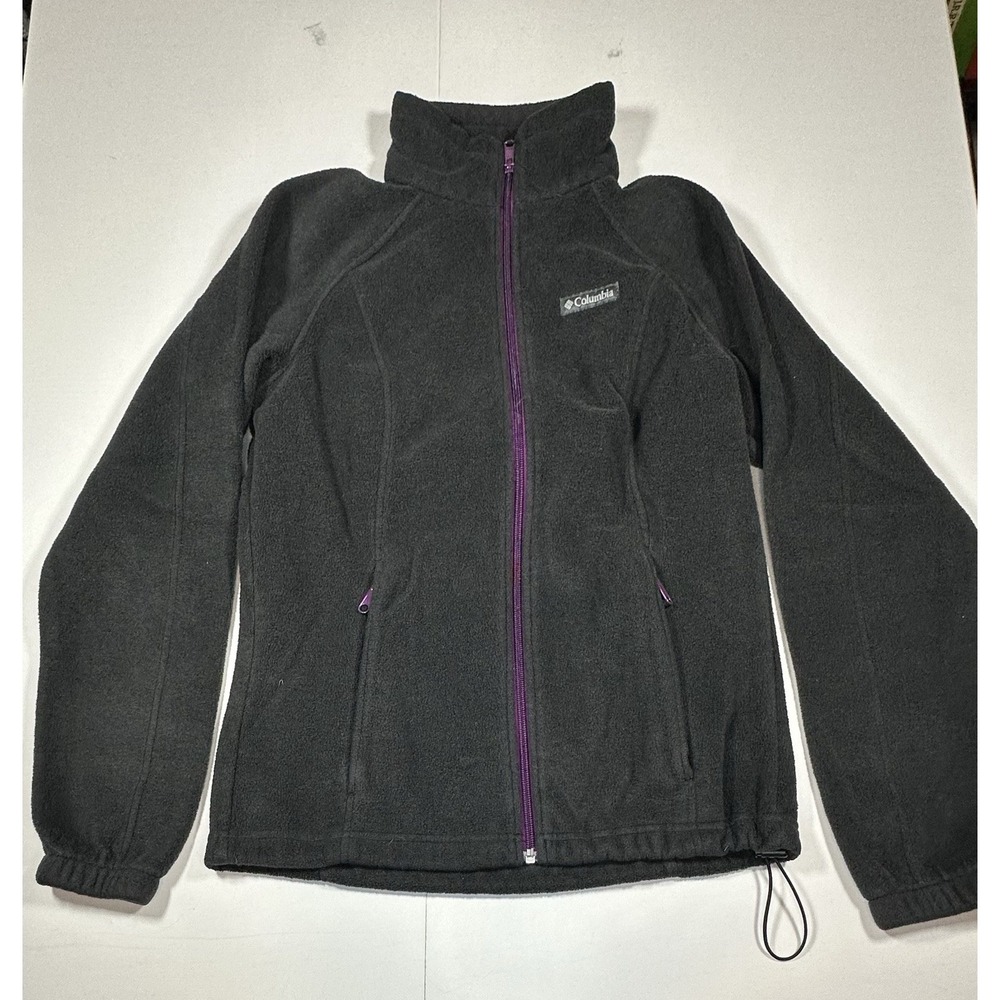Columbia Fleece Jacket Womens M Black Full Zip Purple Zipper Drawstring Hem